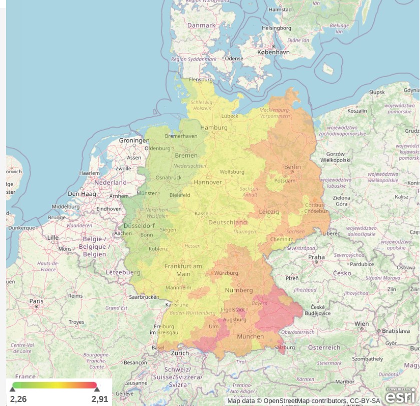 Deutschlandkarte zeigt Farbverlauf (2,26 bis 2,91) von West nach Ost Deutschlandkarte zeigt Farbverlauf (2,26 bis 2,91) von West nach Ost